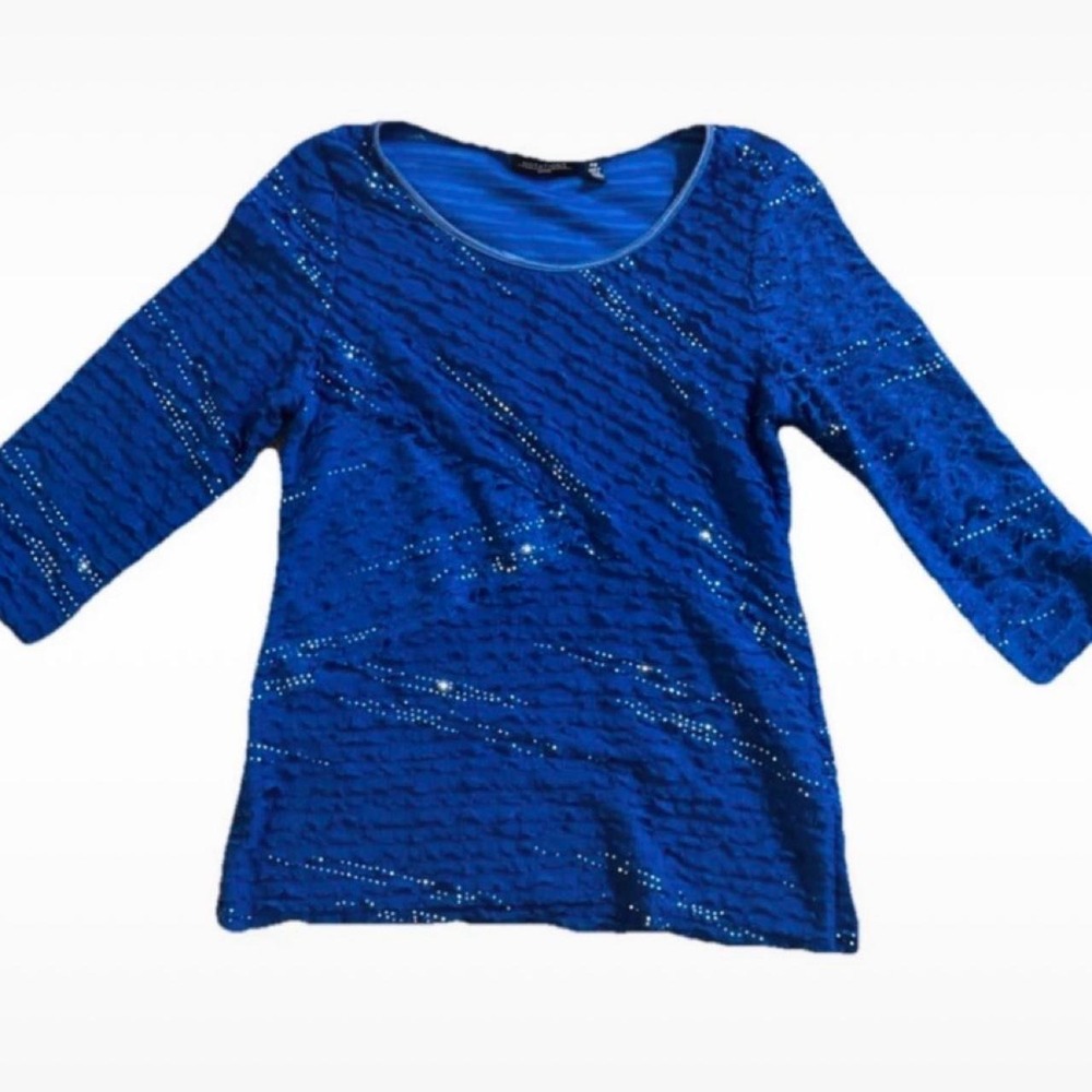 Notations Petite Medium Blue 3/4 sleeve blouse with silver sequin embellishments